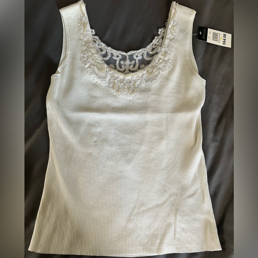 Nouveaus Classic Embroidered/Lace Scoop Neck Tank Top - White